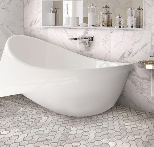 White bathroom with 2 Inch White Carrara Hexagon Honed Marble Mosaic Tile floor