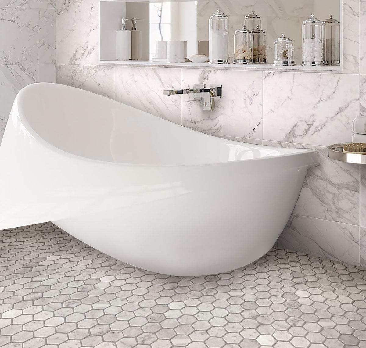White bathroom with 2 Inch White Carrara Hexagon Honed Marble Mosaic Tile floor