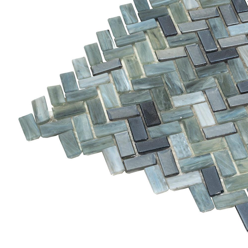 Sea Hues Herringbone Glass Mosaic Tile