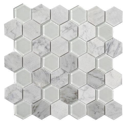 Textured Carrara And Glass Hexagon Mosaic Tile | Tile Club