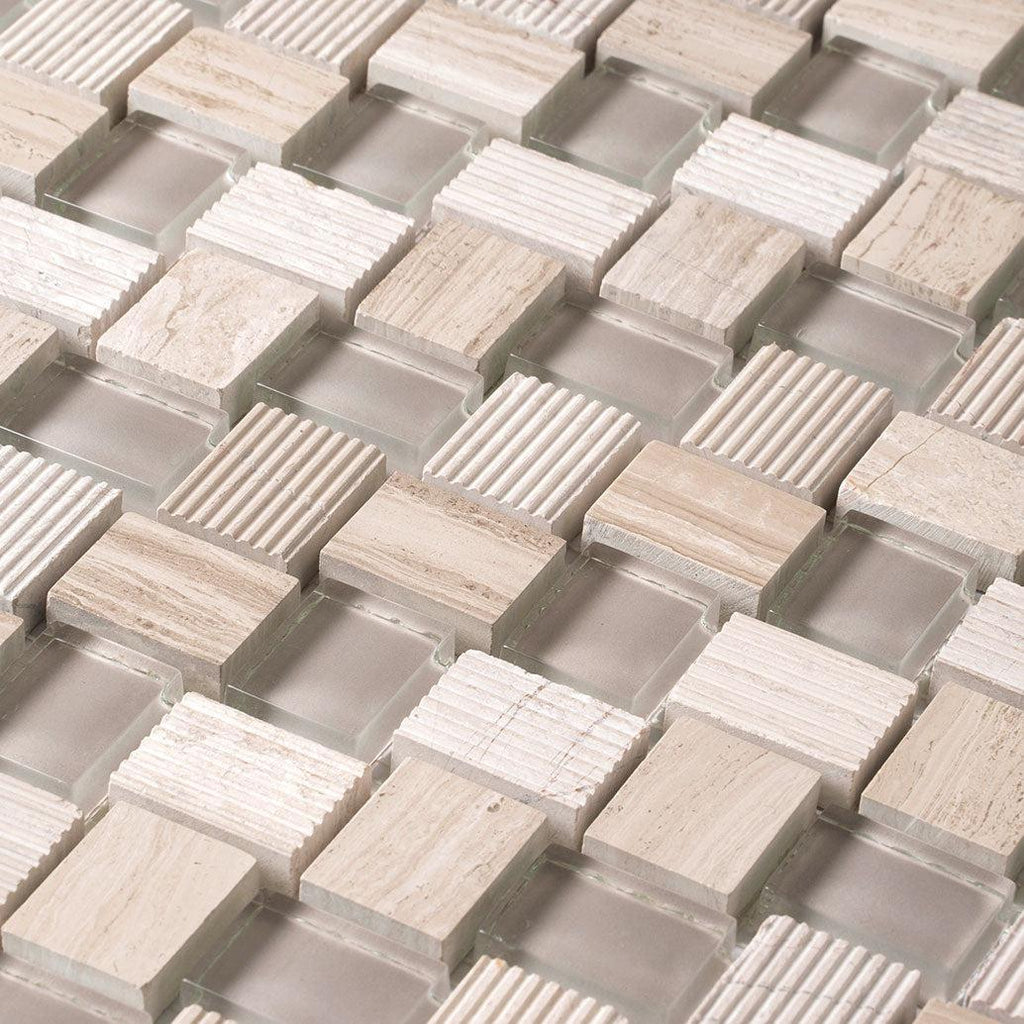 Textured Mini Brick Wooden Beige And Glass Mosaic Tile | Tile Club