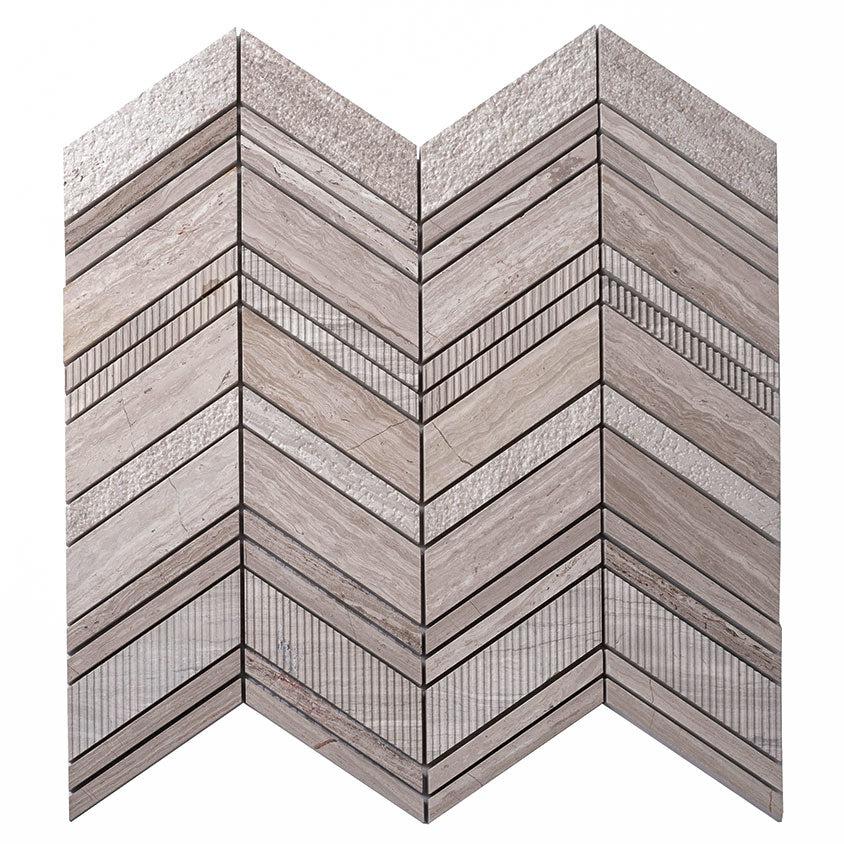 Textured Wooden Beige Chevron Marble Mosaic Tile Sample