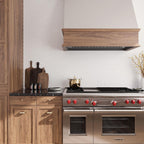 Thassos White Marble hexagon wall tiles for a kitchen backsplash with a natural wood range hood