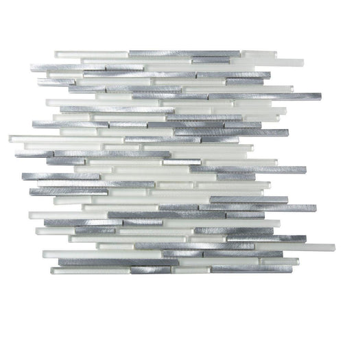 Blujellyfish Glass Metal Mosaic Wall Tiles – Iridescent White & Silver Mirror Stainless Steel, 5 Sheets (5 Sq Ft), Interlocking, Mesh-Mounted