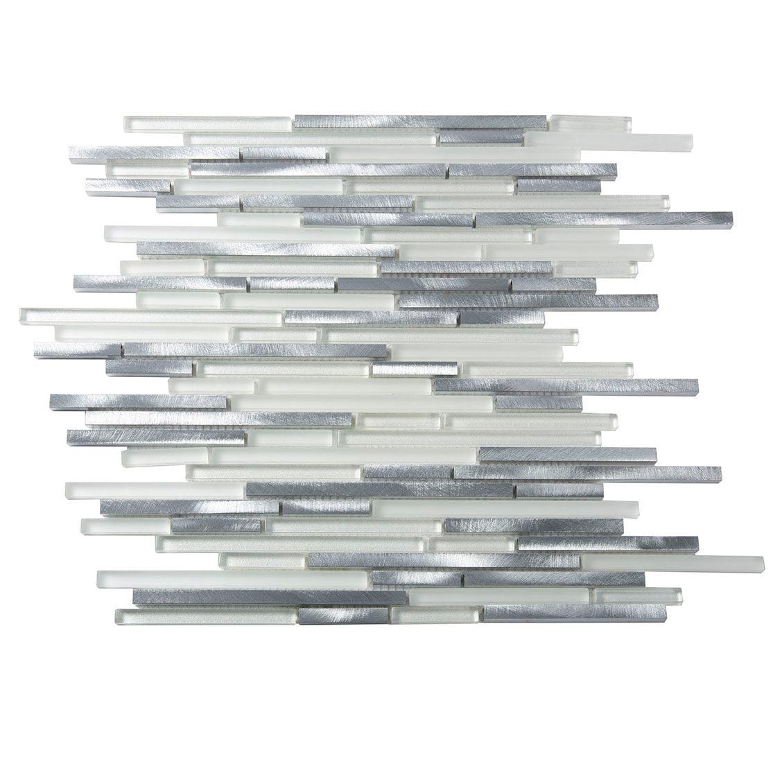 Waterfall Silver White Linear Glass & Metal Mosaic Tile Sample