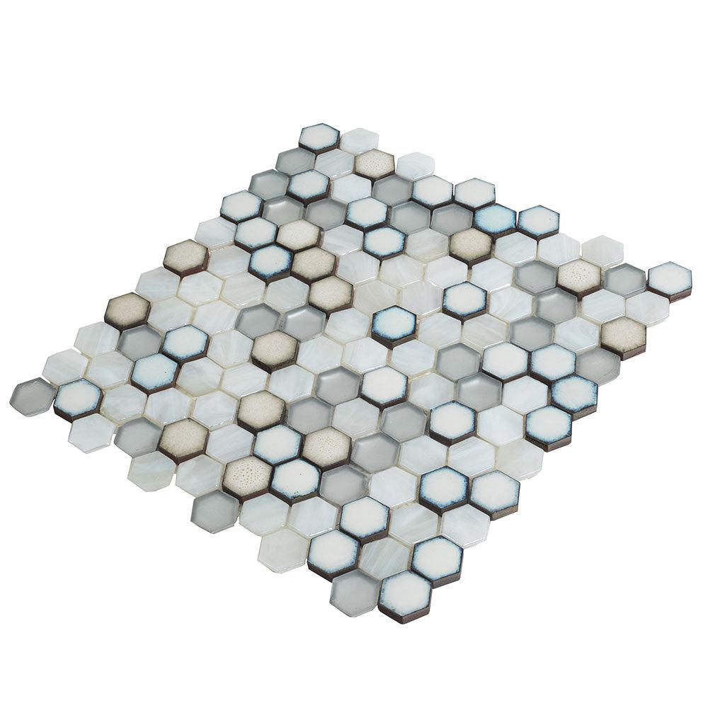 White Ceramic And Pearl Glass Hexagon Mosaic Tile | Tile Club