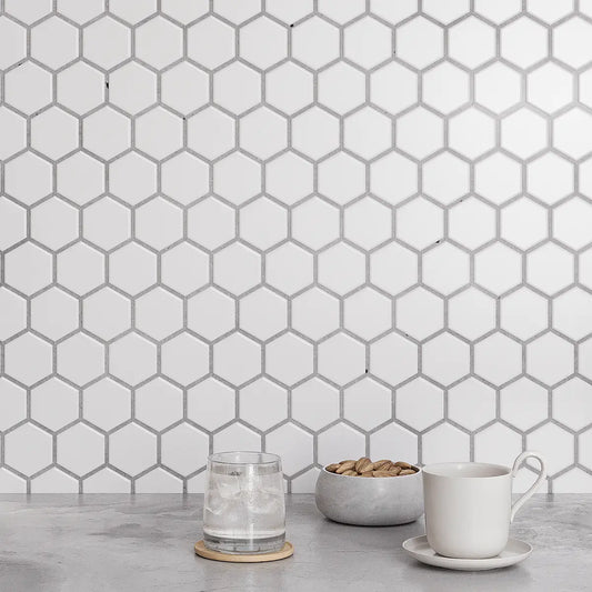 2'' White Matte Hexagon Porcelain Mosaic Backsplash Tile