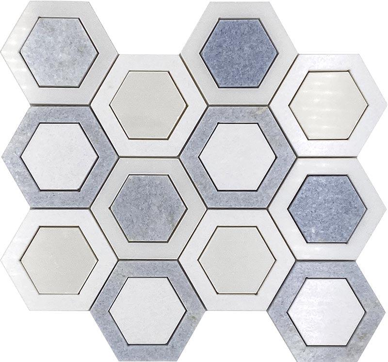 Thassos And Azul Cielo Double Hexagon Marble Mosaic Tile Sample