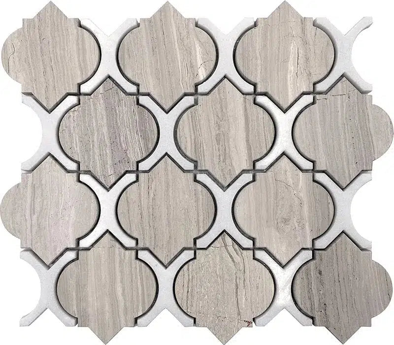 10.2" x 11.3" Wooden Beige Arabesque Tile With Thassos Lines