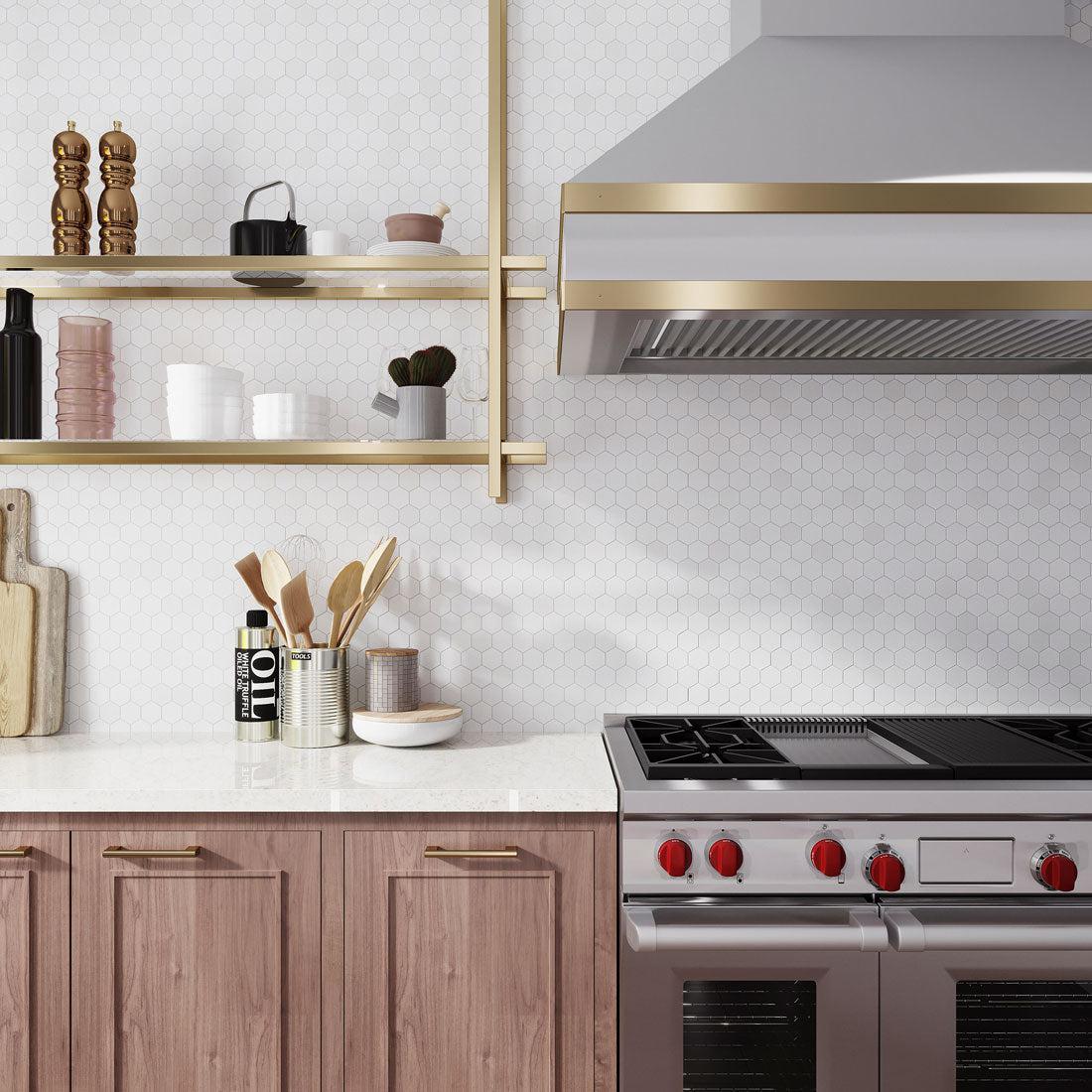 Modern White and Brass Chef's Kitchen with 2" Thassos Marble Hexagon Mosaic Backsplash Tile