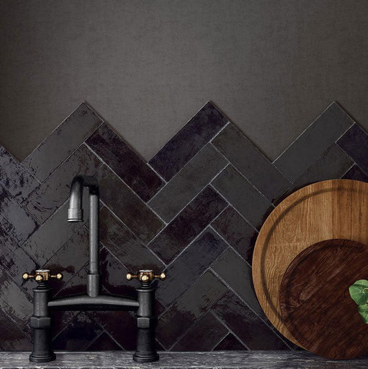Mallorca Black Zellige Ceramic Subway Tile in a Herringbone Layout for  Modern Kitchen Backsplash