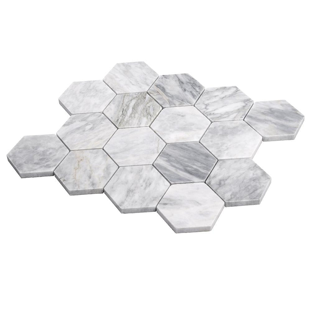 3" Calacatta Bluette Hexagon Polished Marble Mosaic Tile