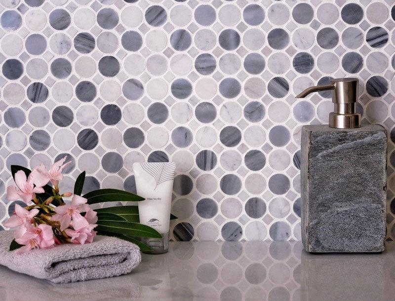 Bardiglio Penny Round & Carrara Dot Marble Mosaic Tile