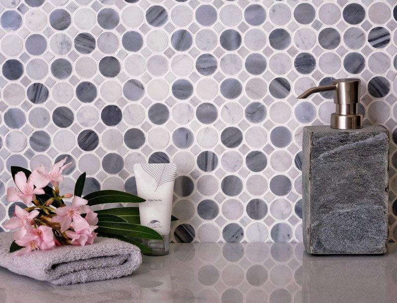 Bardiglio Penny Round & Carrara Dot Marble Mosaic Tile | Tile Club