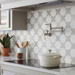 Moroccan Star & Cross Grey and White Etched Marble Mosaic Tile for a Neutral Kitchen Backsplash