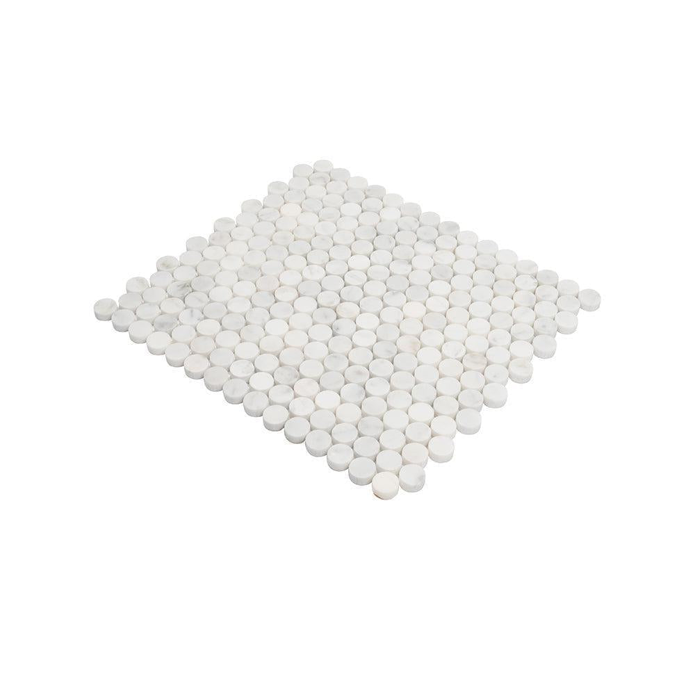 Bianco Carrara Penny Round Polished Marble Tile | Tile Club