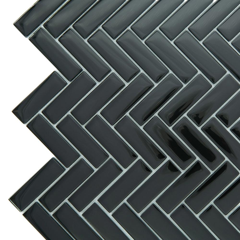 Obsidian Black Herringbone Glass Tile | Tile Club