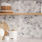 Blue and white marble hexagon tile backsplash