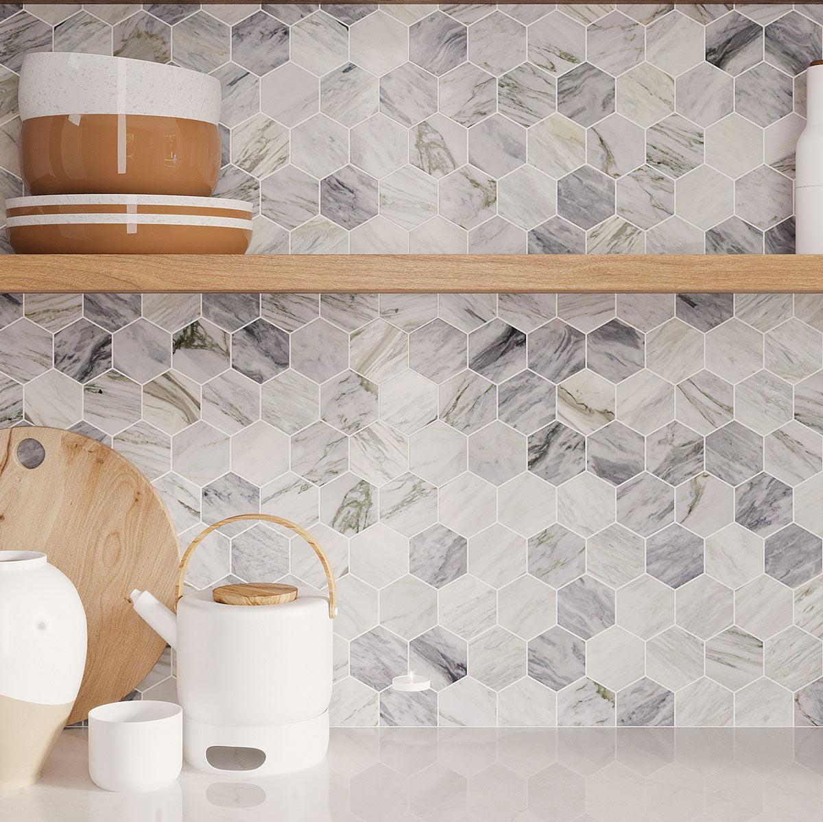 Blue and white marble hexagon tile backsplash
