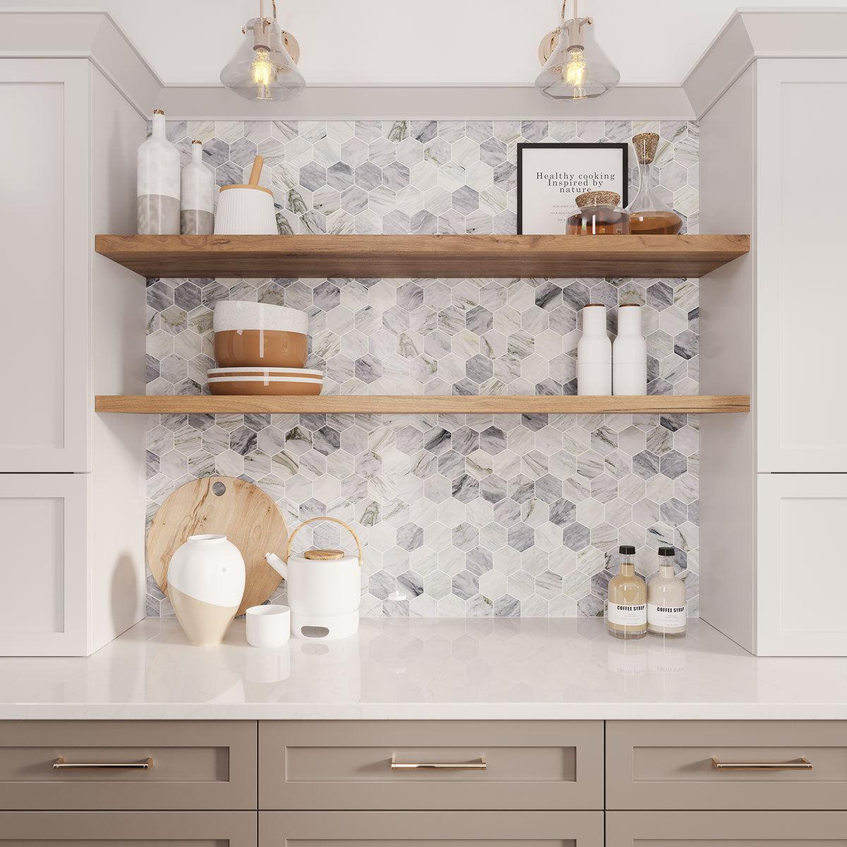 Built-in kitchen niche with Calacatta Bluette Hexagon Honed Marble Mosaic Tile