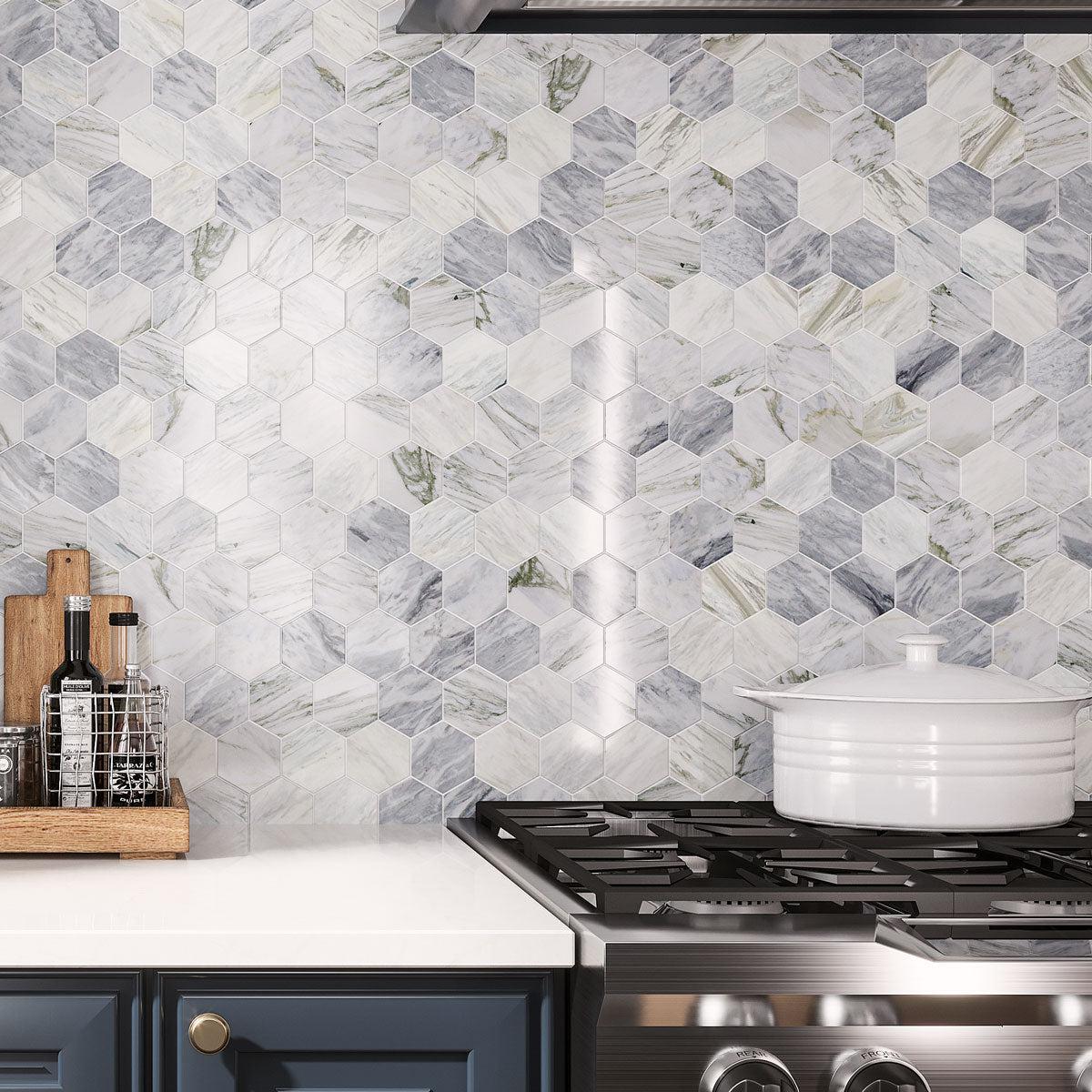 Calacatta Bluette Hexagon Polished Marble Mosaic Tile  backsplash 