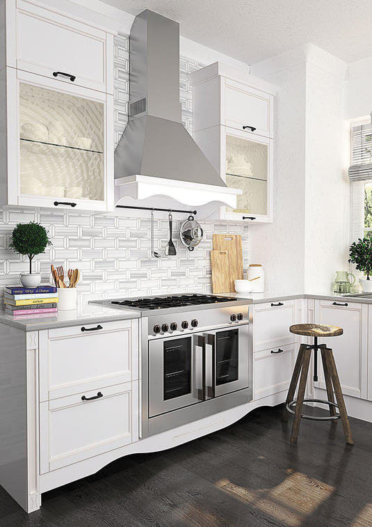 Equator & Thassos Bricks Polished Mosaic Tile Backsplash for a White and Chrome Kitchen