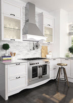Equator & Thassos Bricks Polished Mosaic Tile Backsplash for a White and Chrome Kitchen