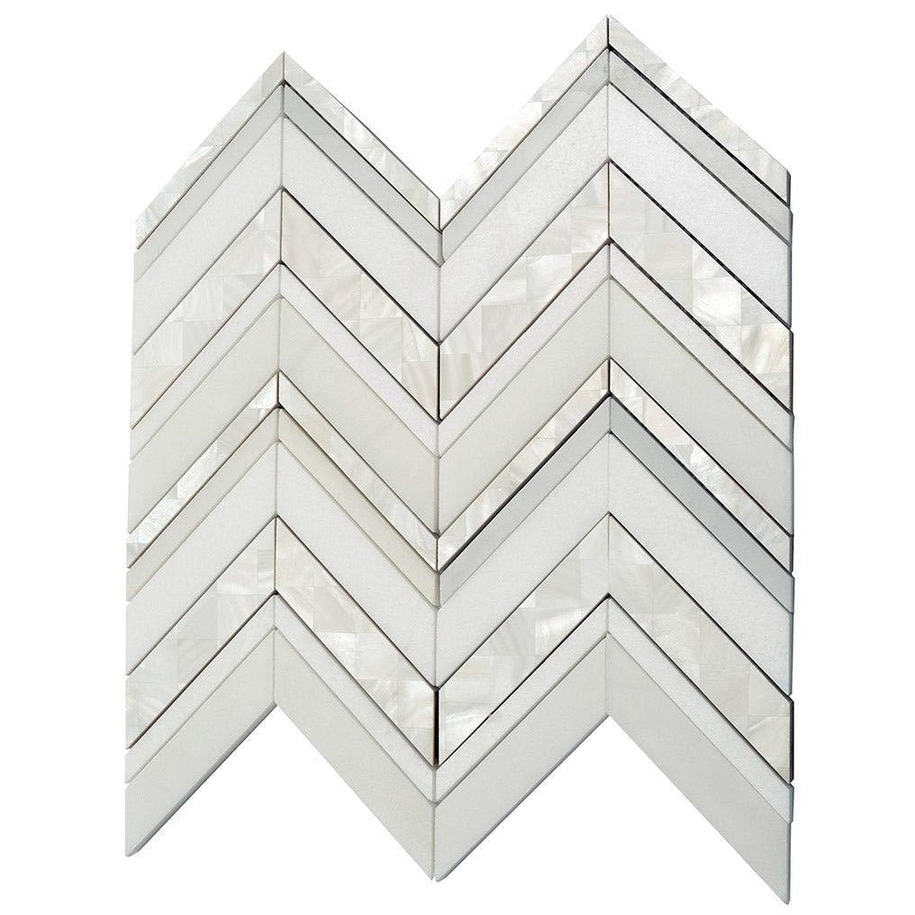 Herringbone Pearl White Thassos Marble and Shell Tile