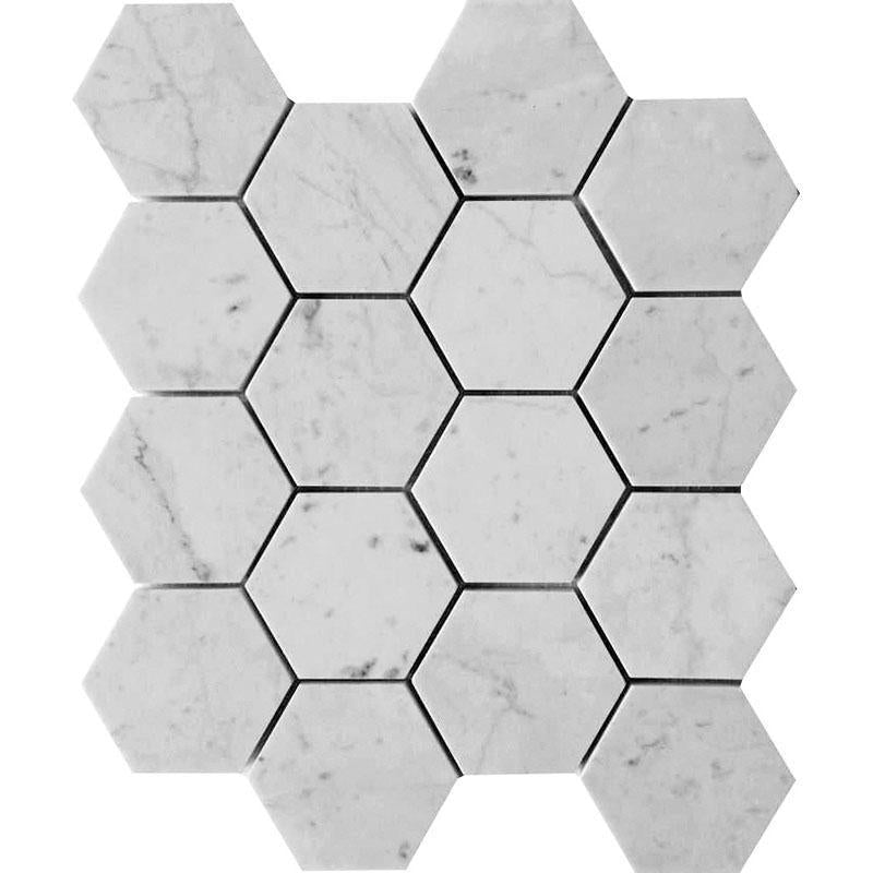 3 Inch White Carrara Hexagon Marble Mosaic Tile with a  Honed Finish