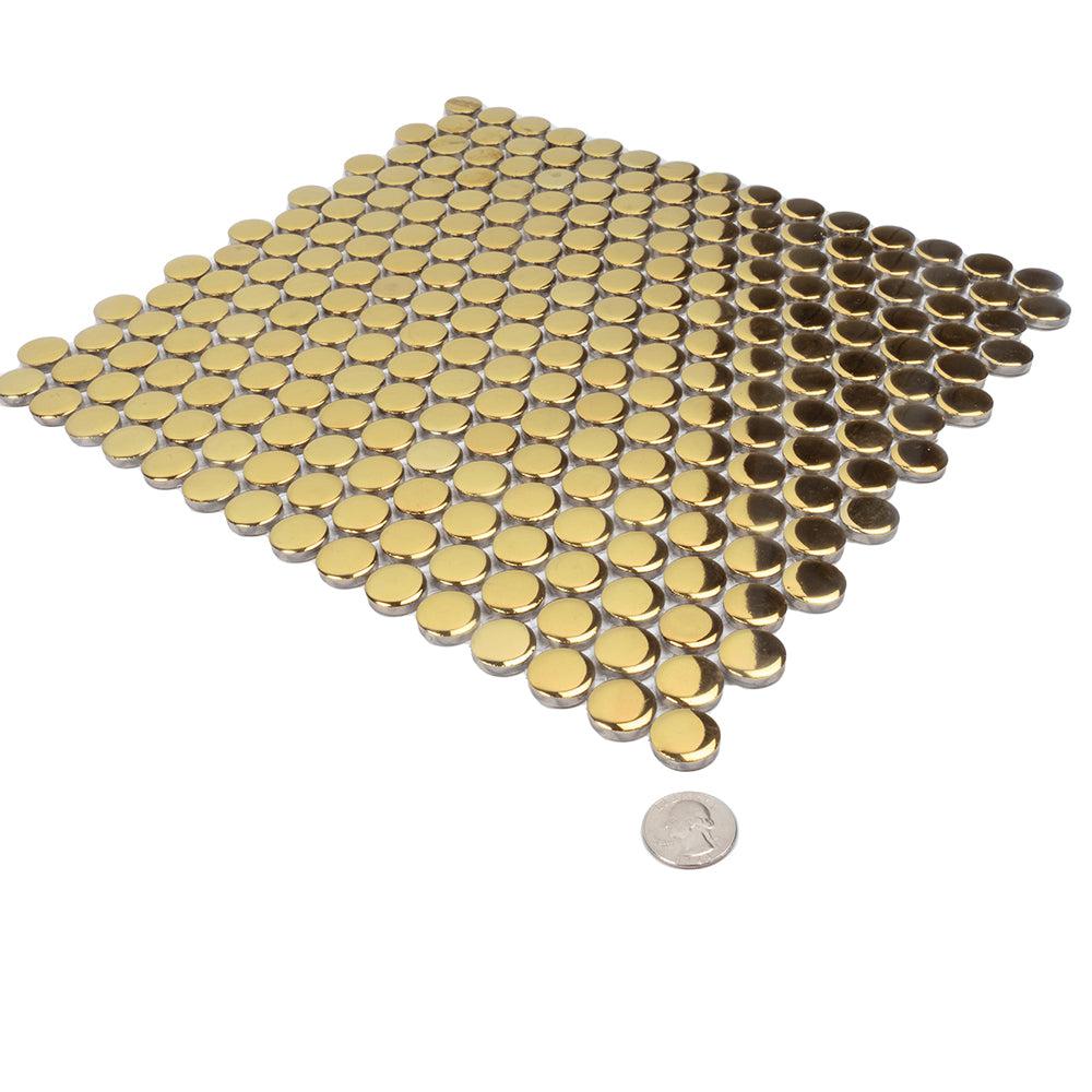 Metallic Gold Buttons Porcelain Penny Round Tile | Tile Club