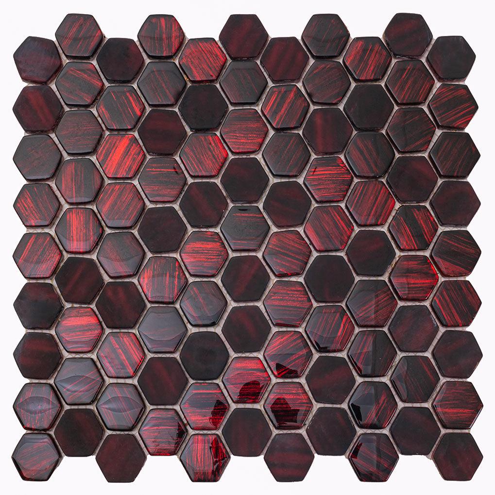 Red Foil Glossy And Frosted Hexagon Glass Mosaic Tile