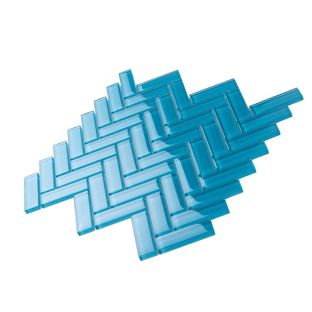 Sea Blue Herringbone Glass Tile