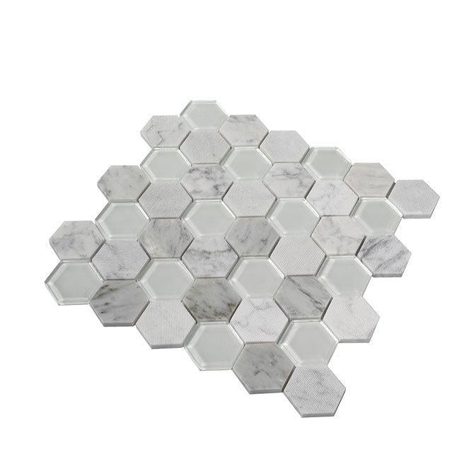 Textured Carrara And Glass Hexagon Mosaic Tile | Tile Club