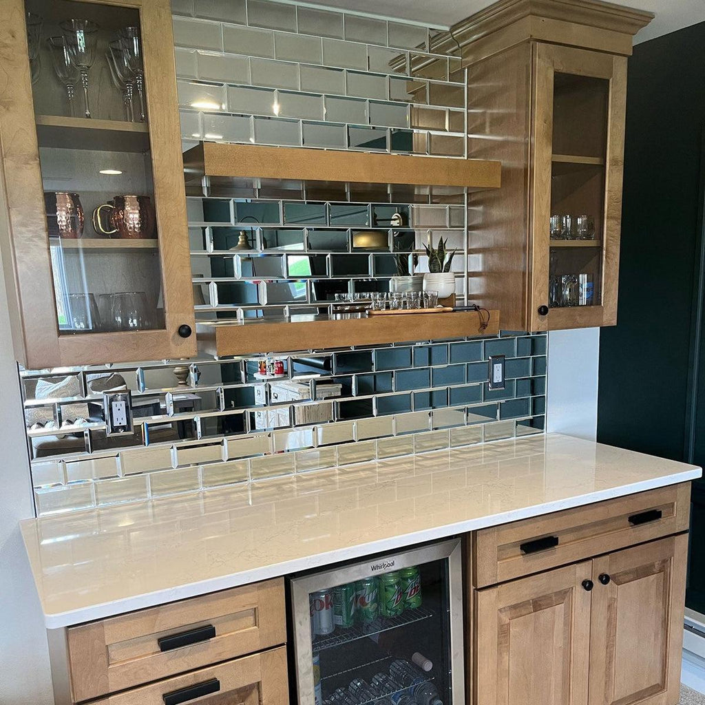 Mirrored tile backsplash for bar area