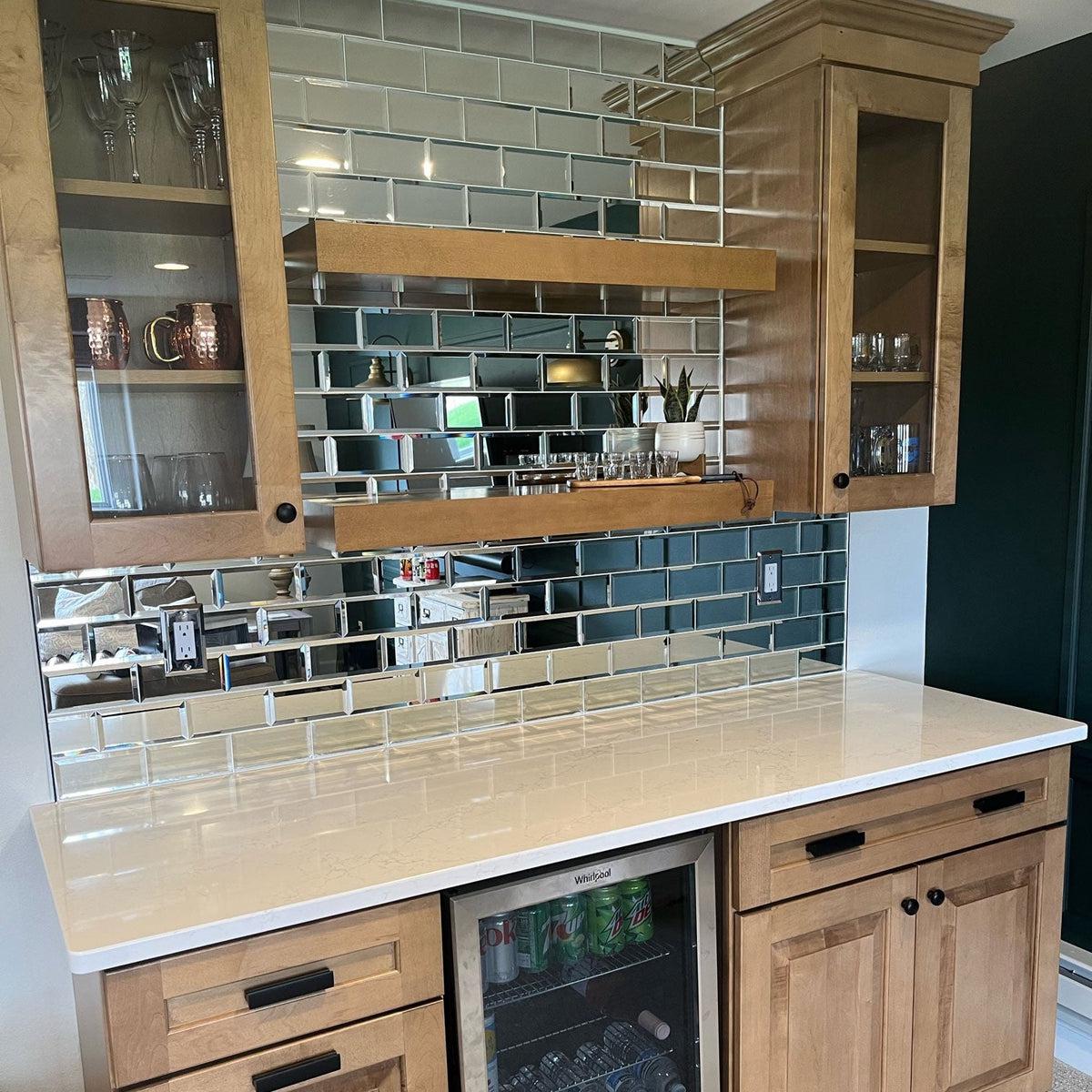 Mirrored tile backsplash for bar area