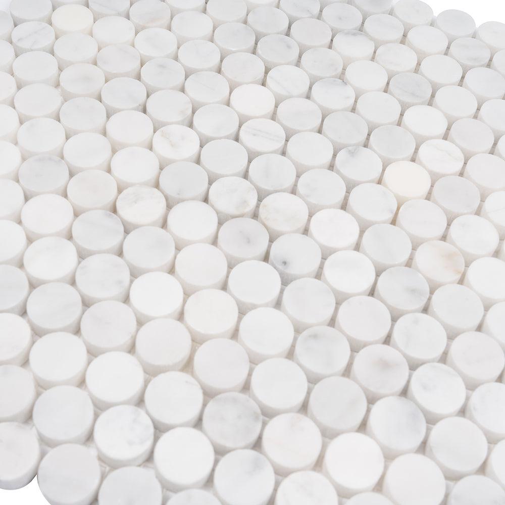 Bianco Carrara Penny Round Polished Marble Tile | Tile Club