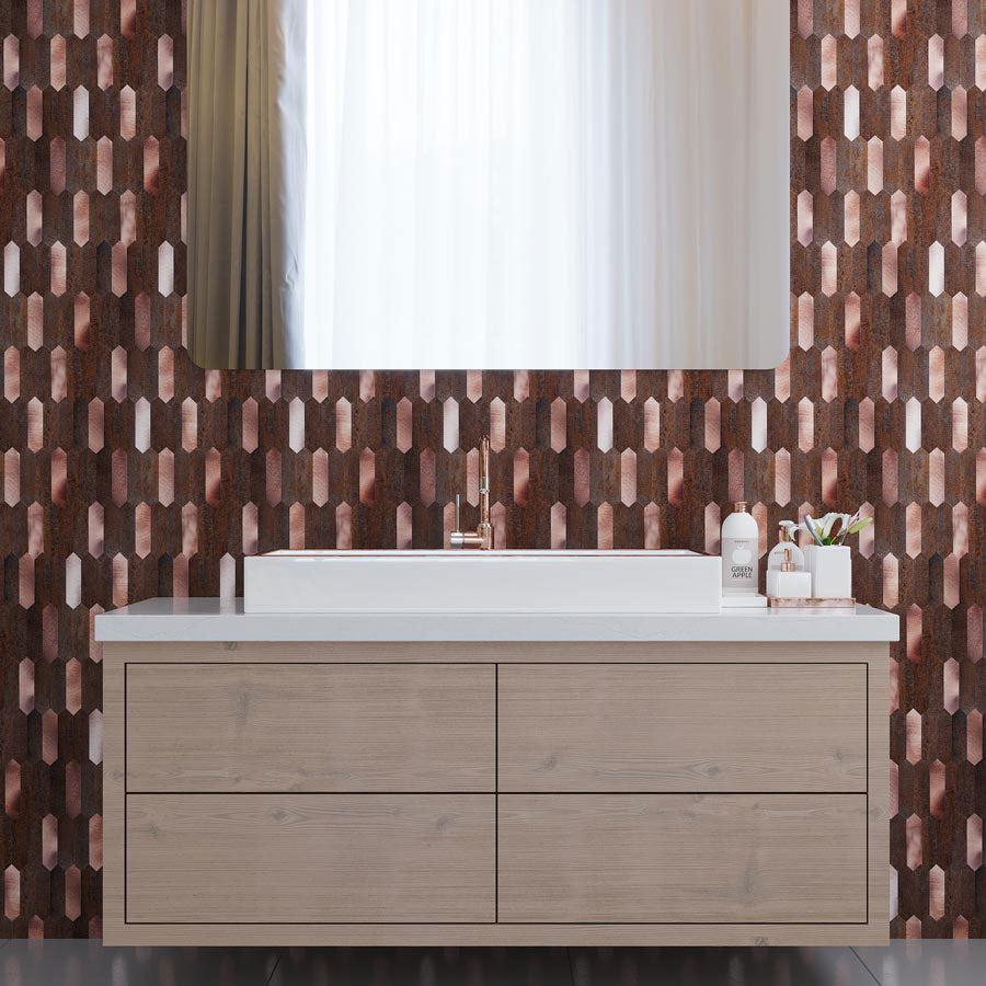 Luxury Vinyl Peel and Stick Tile Vanity Backsplash with a Copper Picket Design