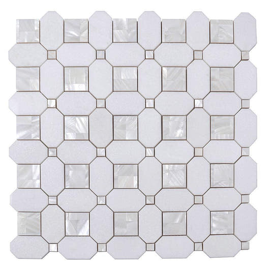 Geometric Pearl White Thassos Shell Tile Sample