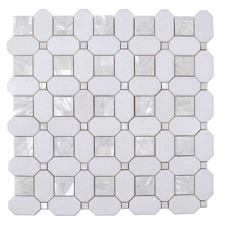 Geometric Pearl White Thassos Shell Tile Sample