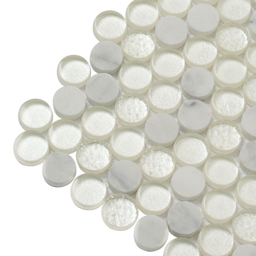 Ice Cold Penny Round White Glass Bianco Carrara Tiles
