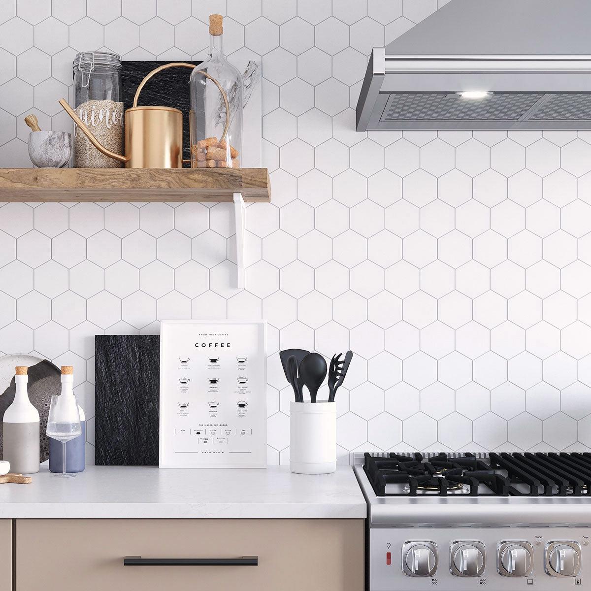 White Kitchen Backsplash with Marble Hexagon TIle