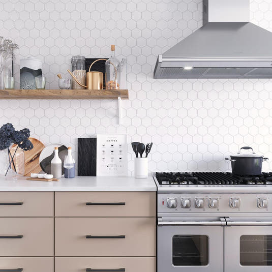 What marble hexagon tile backsplash for a rustic kitchen with wood shelves