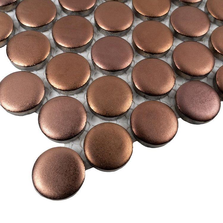 Metallic Bronze Buttons Porcelain Penny Round Tile | Tile Club