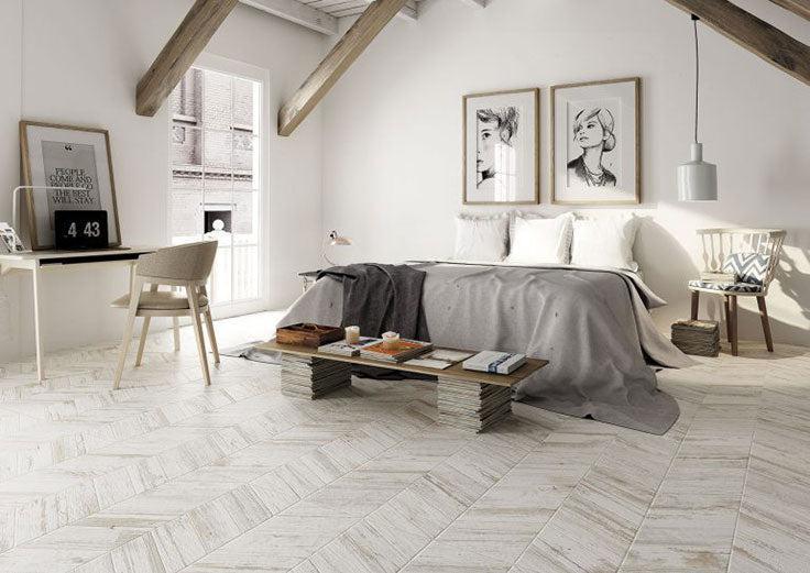 Spiga Olson Blanco Wood-Look Chevron Floor Tile