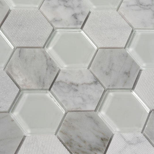 Textured Carrara And Glass Hexagon Mosaic Tile | Tile Club