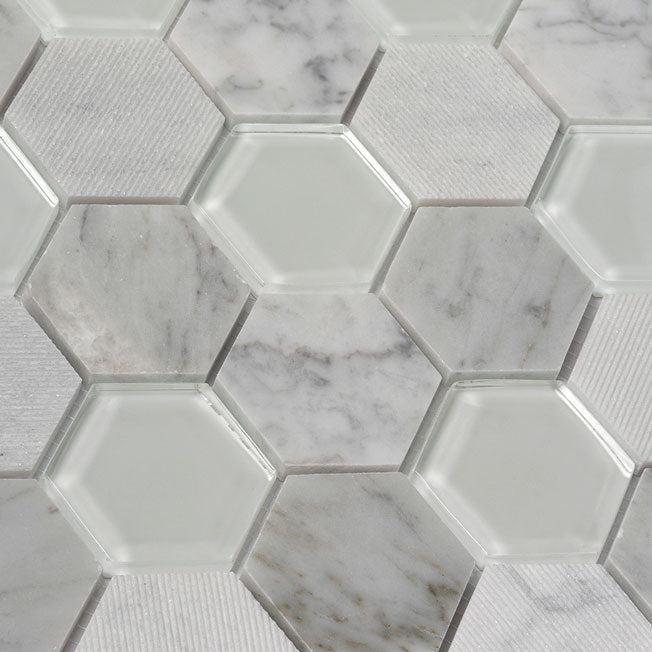 Textured Carrara And Glass Hexagon Mosaic Tile | Tile Club