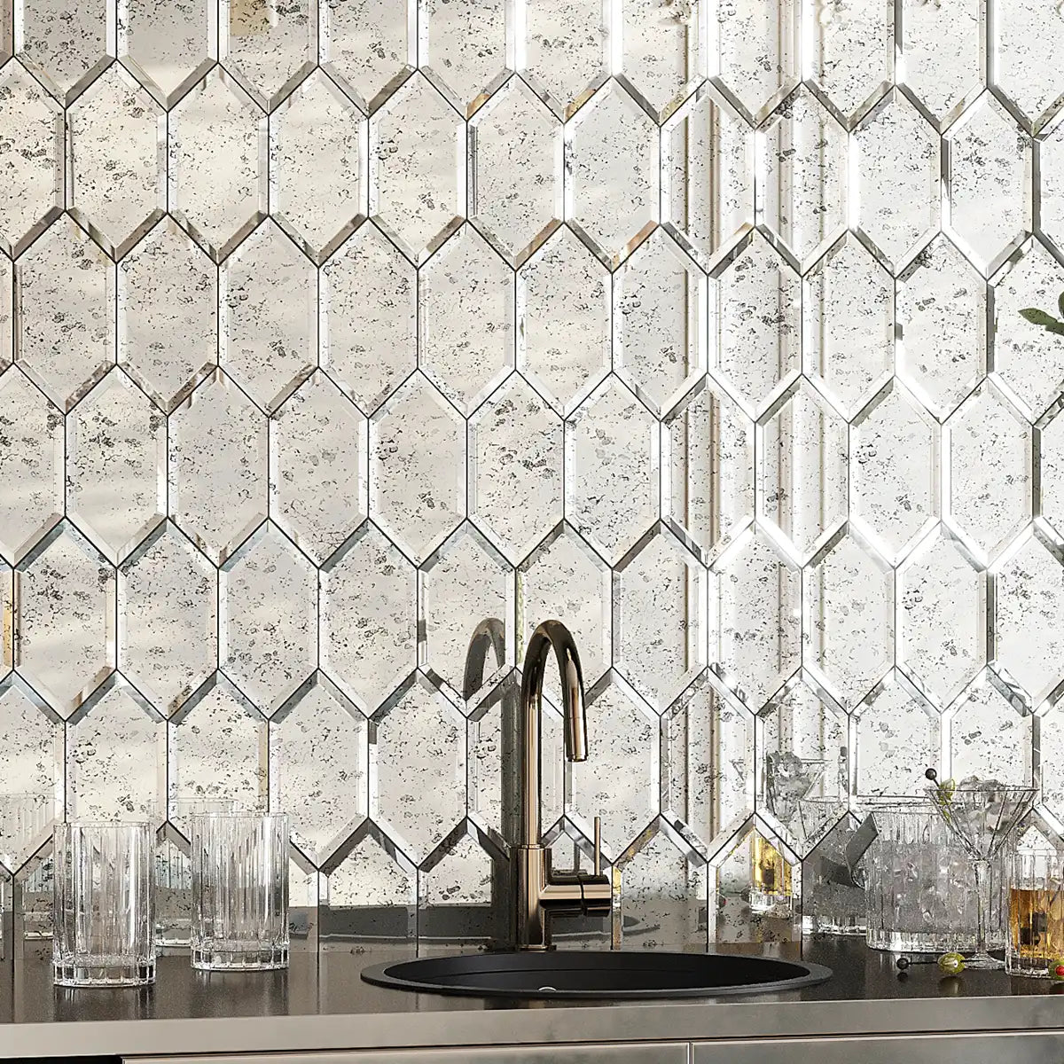 4x8 Beveled Antique Mirror Glass Hexagon Tile Sample | Tile Club