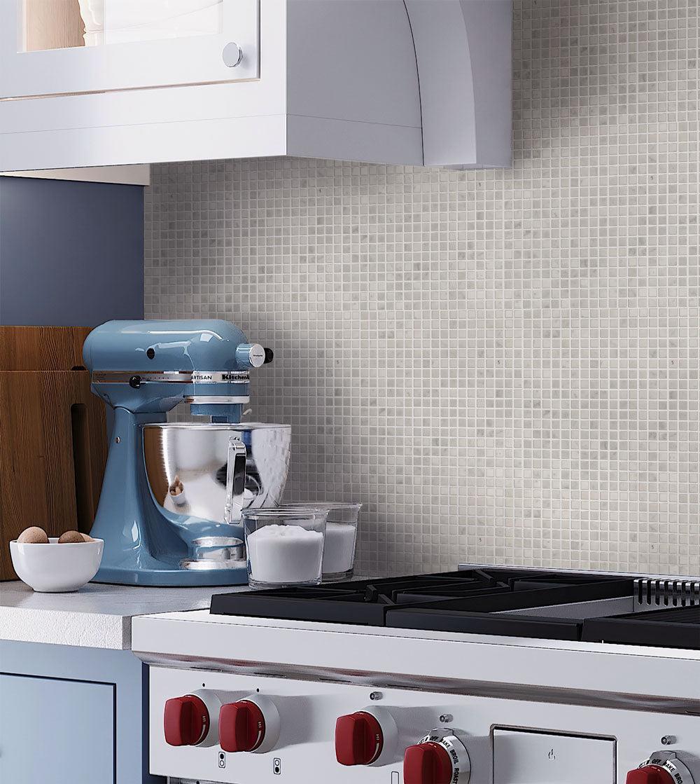 Bianco Carrara micro square pattern mosaic tile kitchen wall