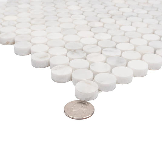 Bianco Carrara Penny Round Polished Marble Tile | Tile Club