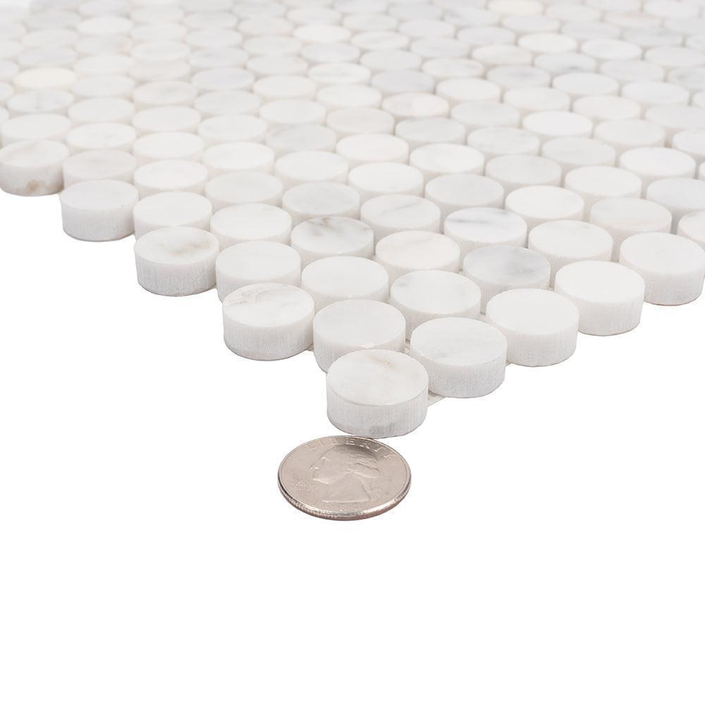 Bianco Carrara Penny Round Polished Marble Tile | Tile Club